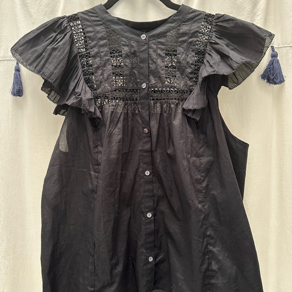 Rails Black Flutter Sleeve Blouse with Ruffled Smocked Design